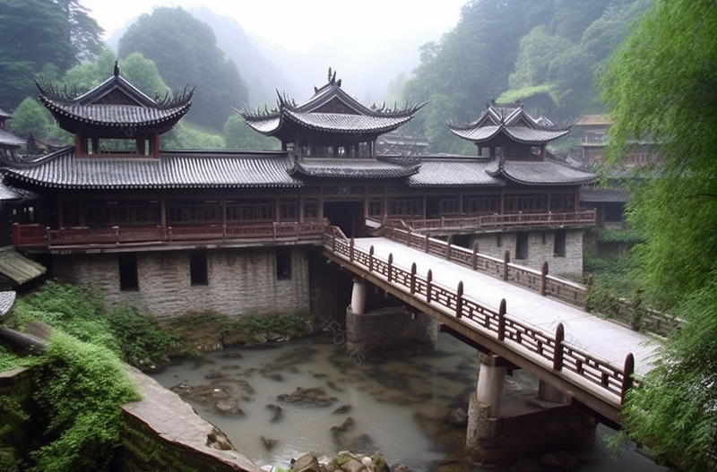 群山围绕的贵州省西江千户苗寨风雨桥,高清,摄影图,摄影图片,图片大全,摄影图免费下载